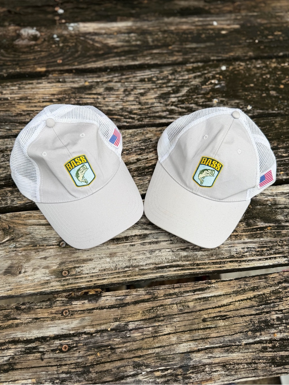Pair (2) of BASS Light Gray & White Mesh Logo Adjustable Trucker Caps Hats BT1
